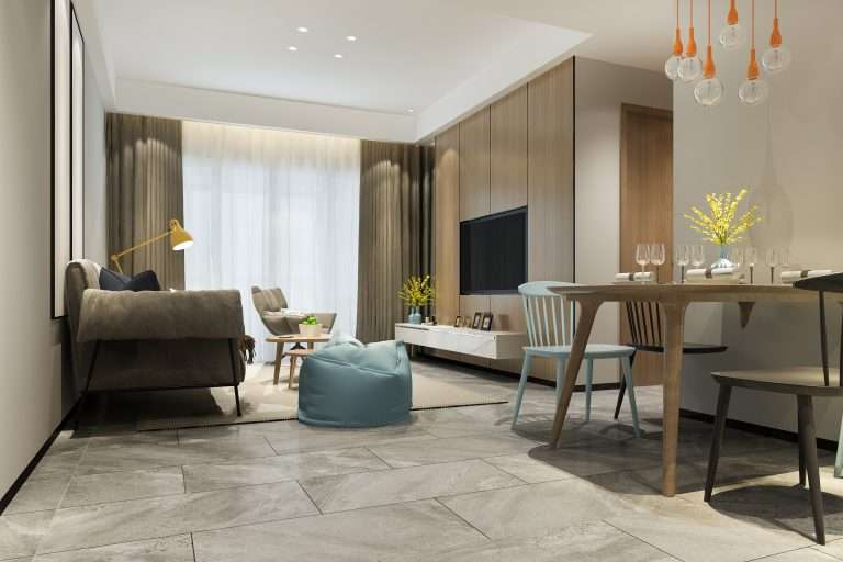 HDB BTO Renovation and Interior Design 29 3d rendering loft luxury living room with shelf near dining table