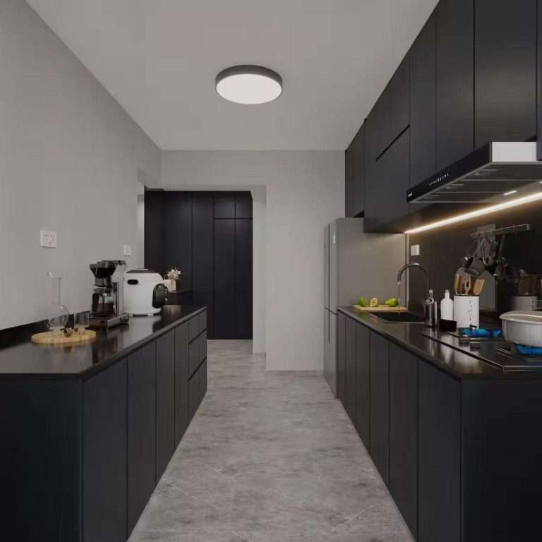 Modern luxury HDB kitchen featuring ceiling-mounted and under-cabinet lighting in our Yishun renovation project